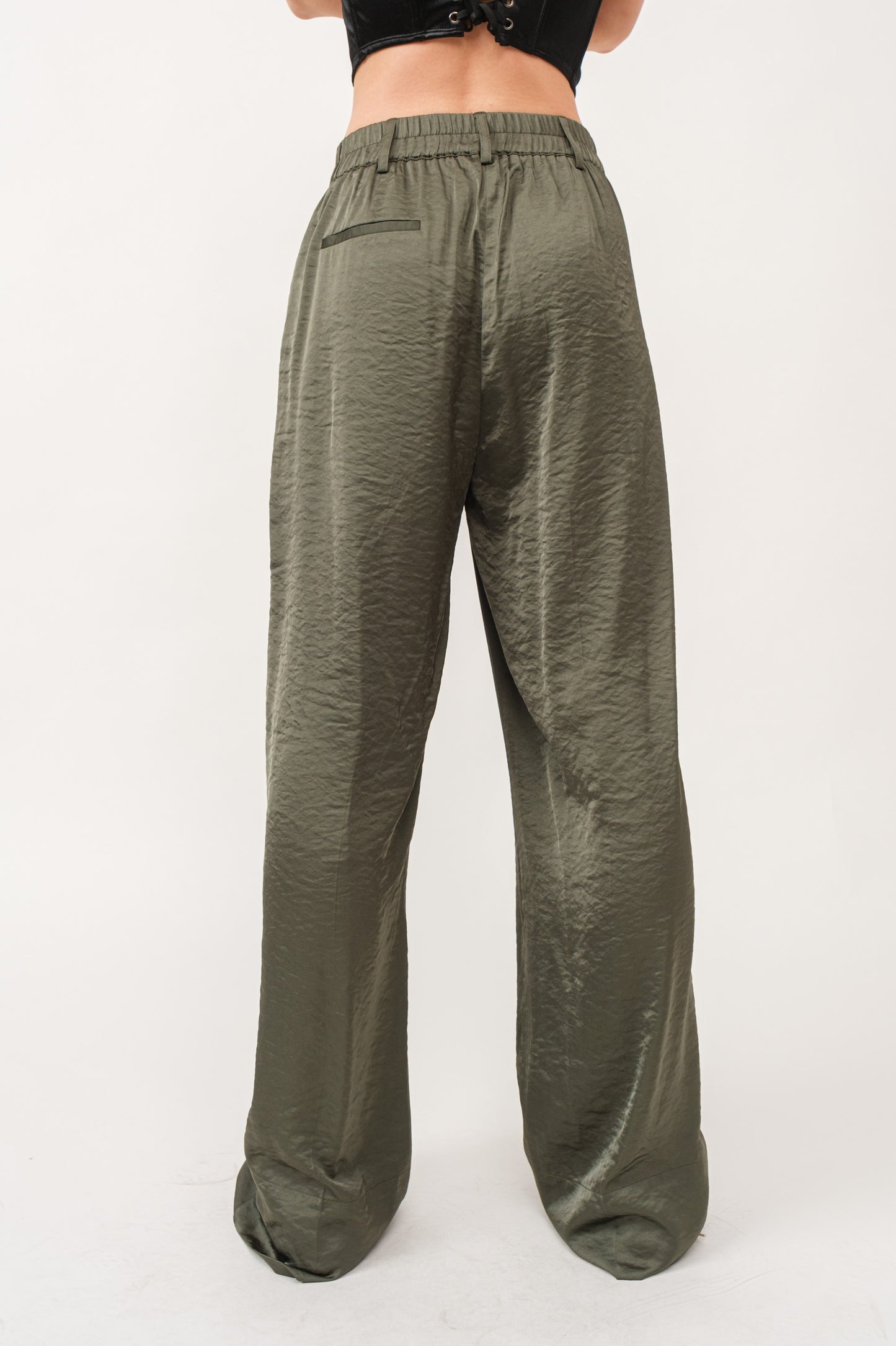 Olive Satin Wide Leg Trouser Pants