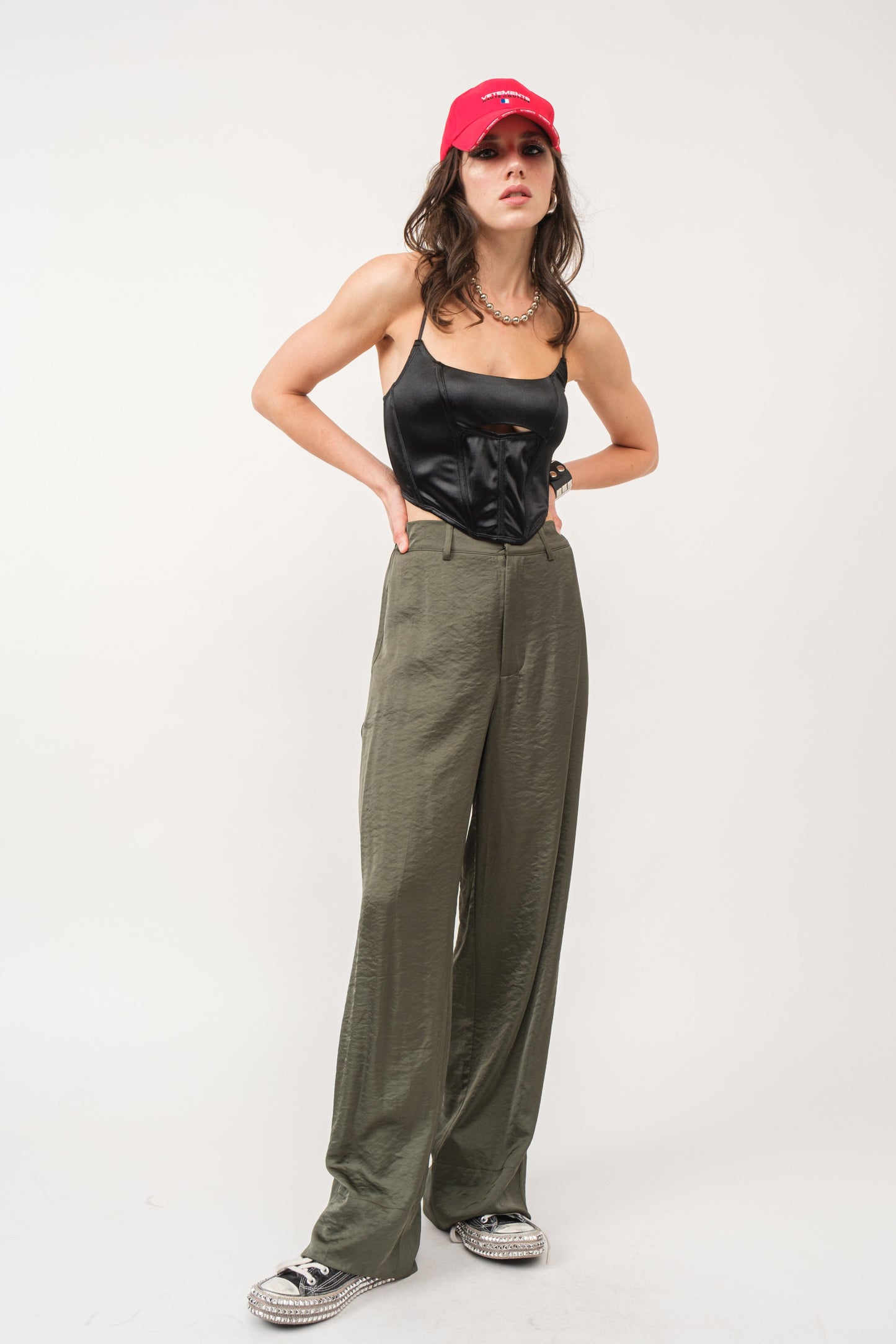 Olive Satin Wide Leg Trouser Pants