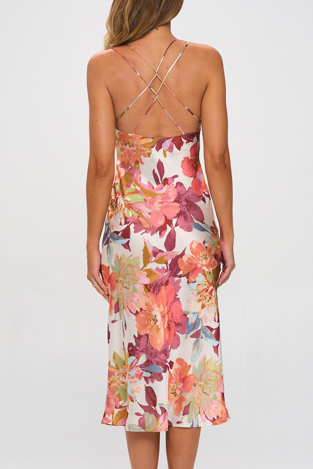 Warm Florals Satin Midi Dress