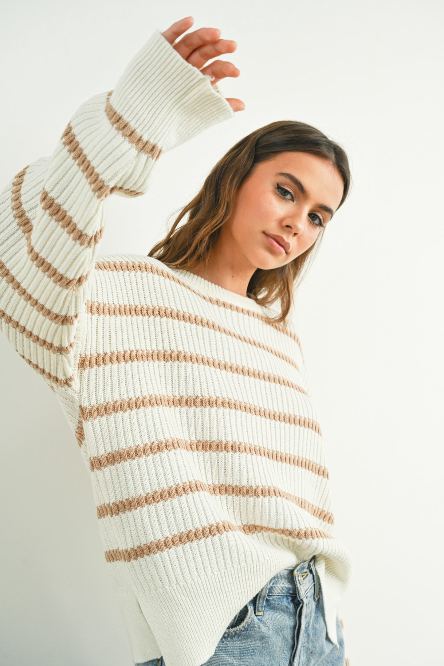 White & Taupe Stripe Boat Neck Sweater