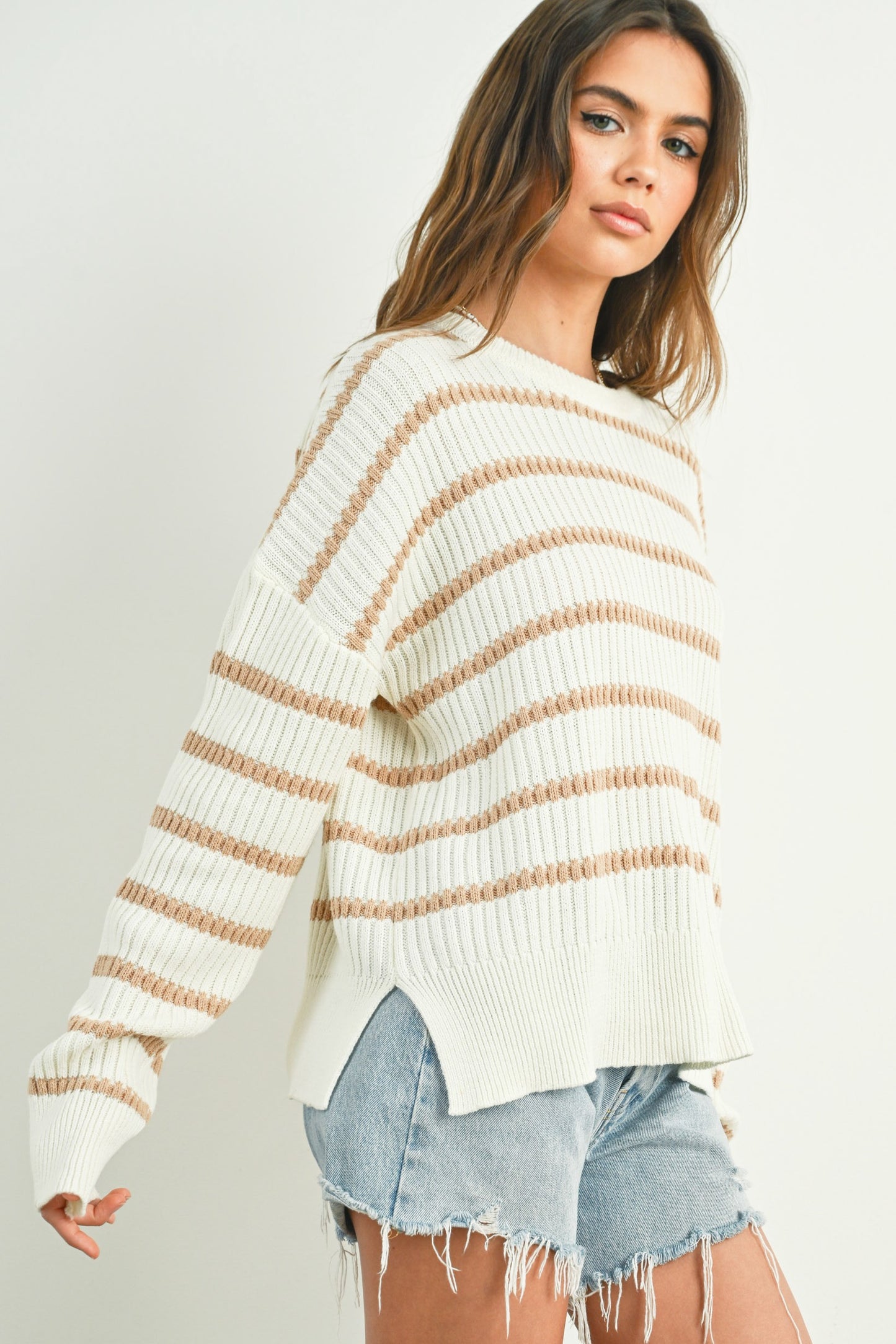 White & Taupe Stripe Boat Neck Sweater