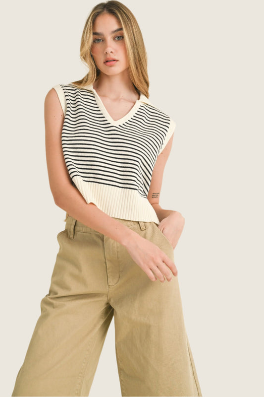 Soft Stripe Collared Knit Top