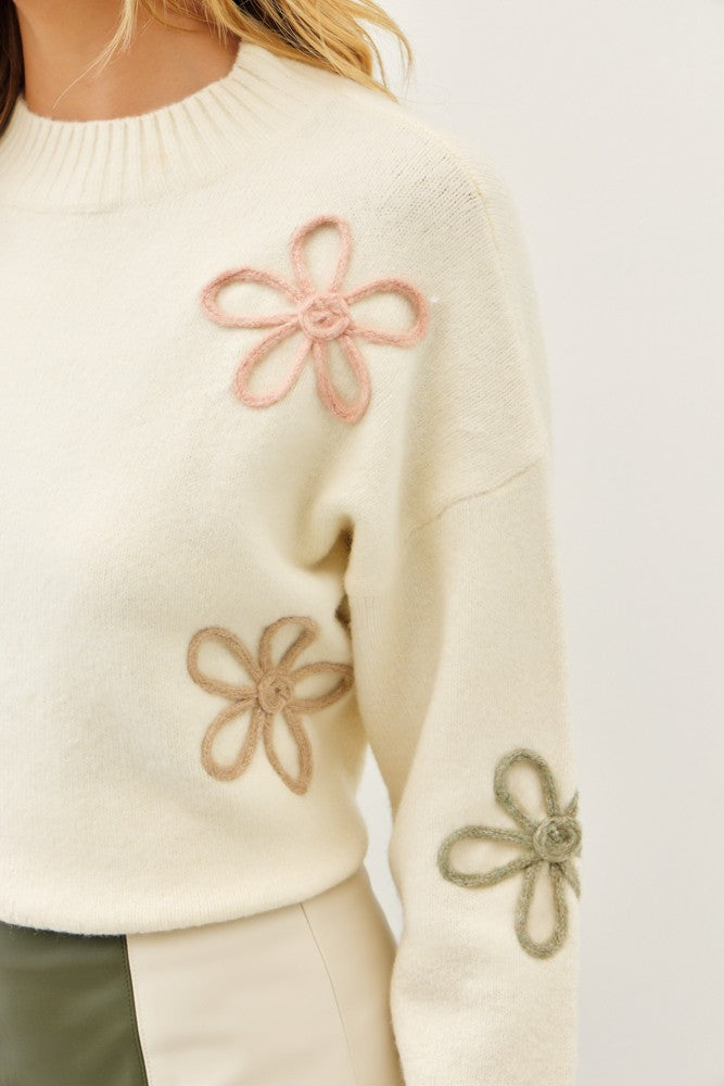 Cream Multi Color Flower Sweater