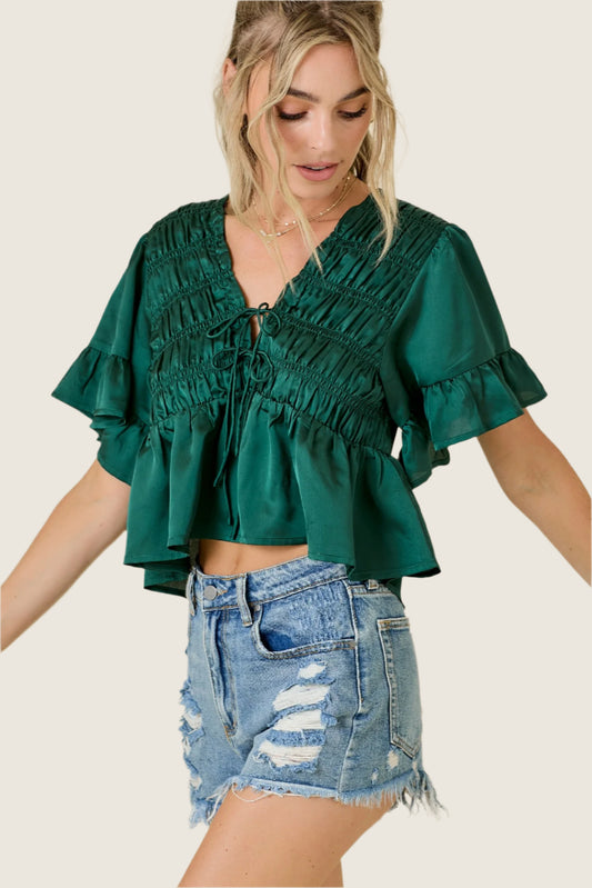 Green Ruffle Hem Satin Tie Top