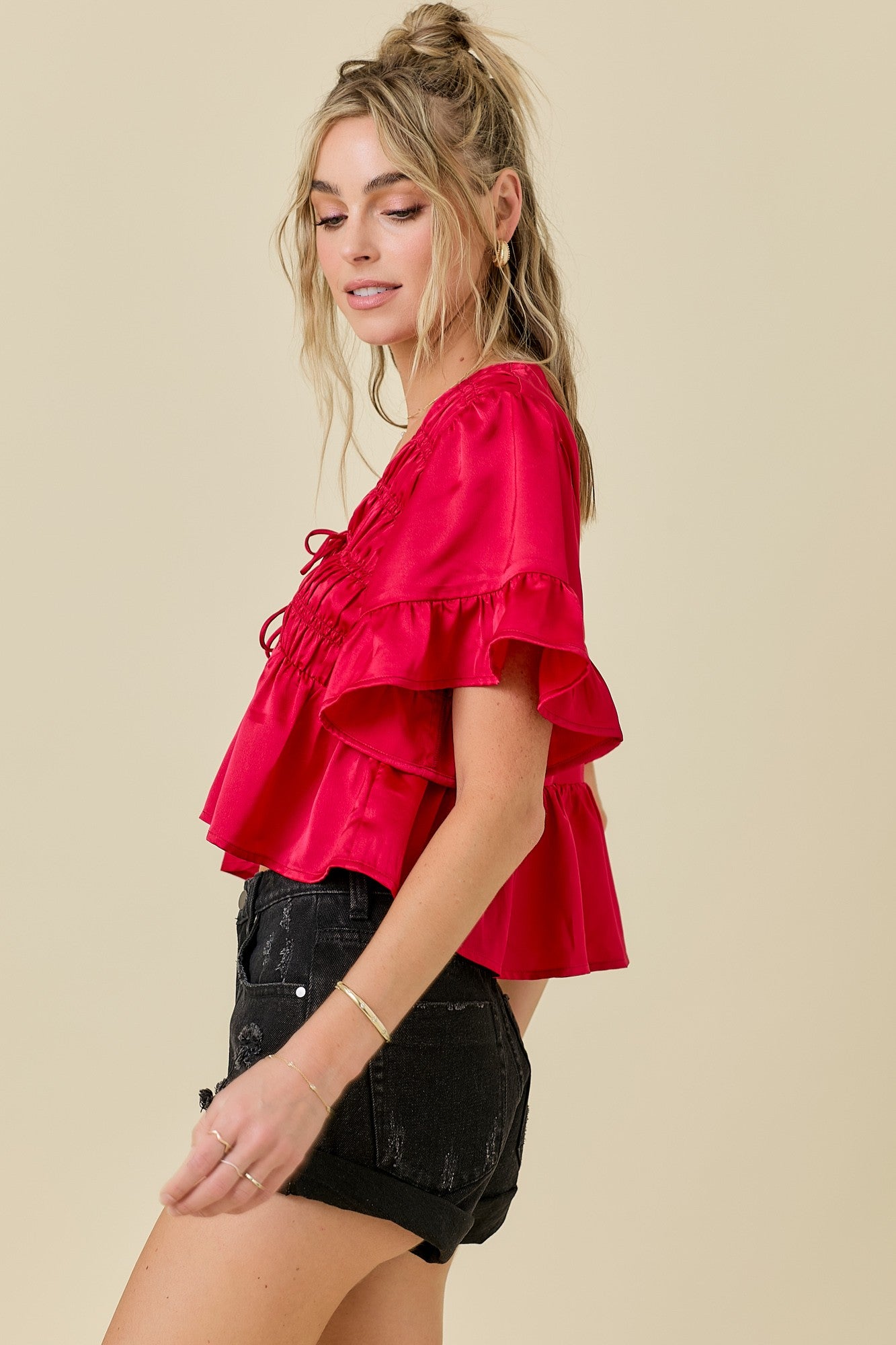 Red Ruffle Hem Satin Tie Top