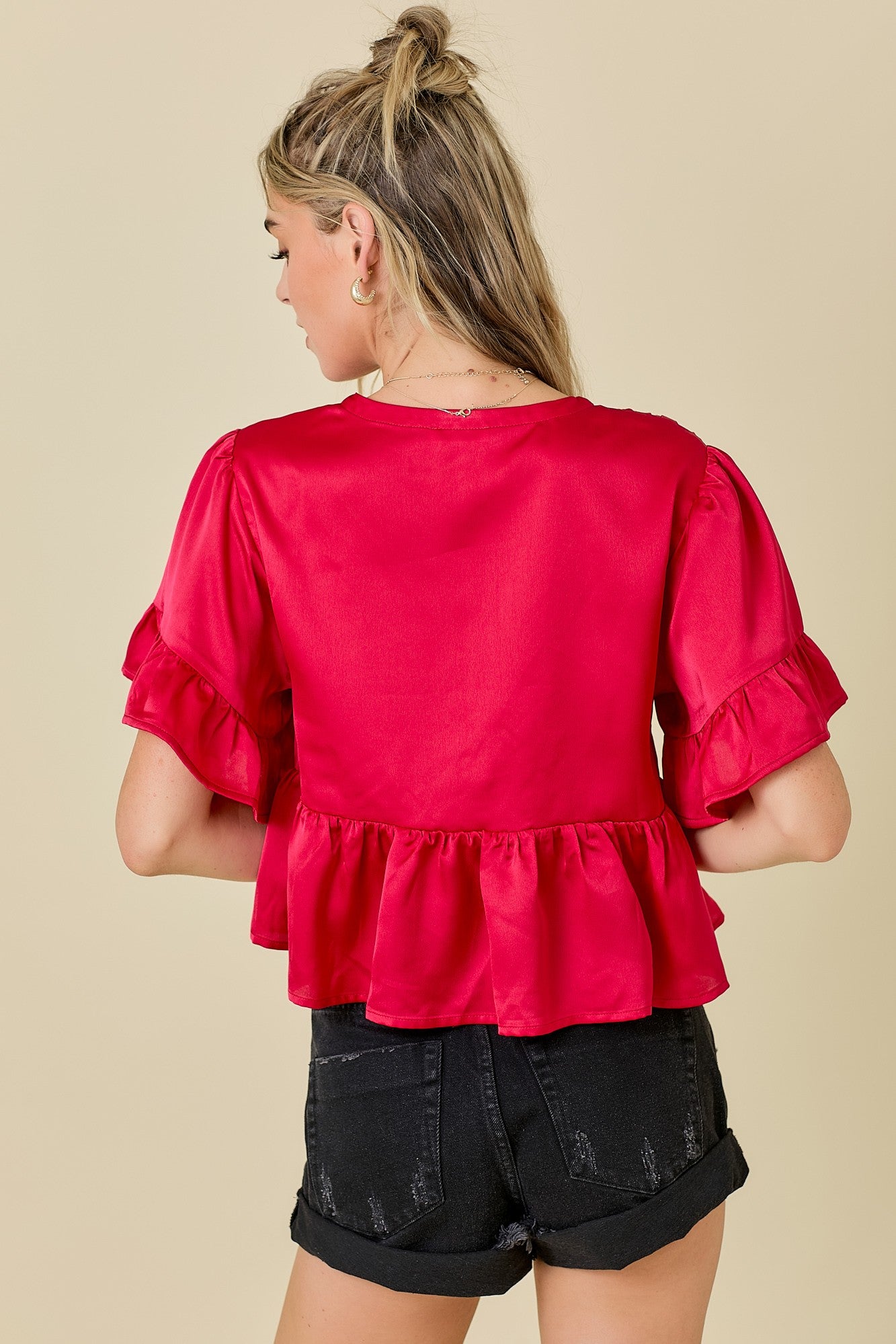 Red Ruffle Hem Satin Tie Top