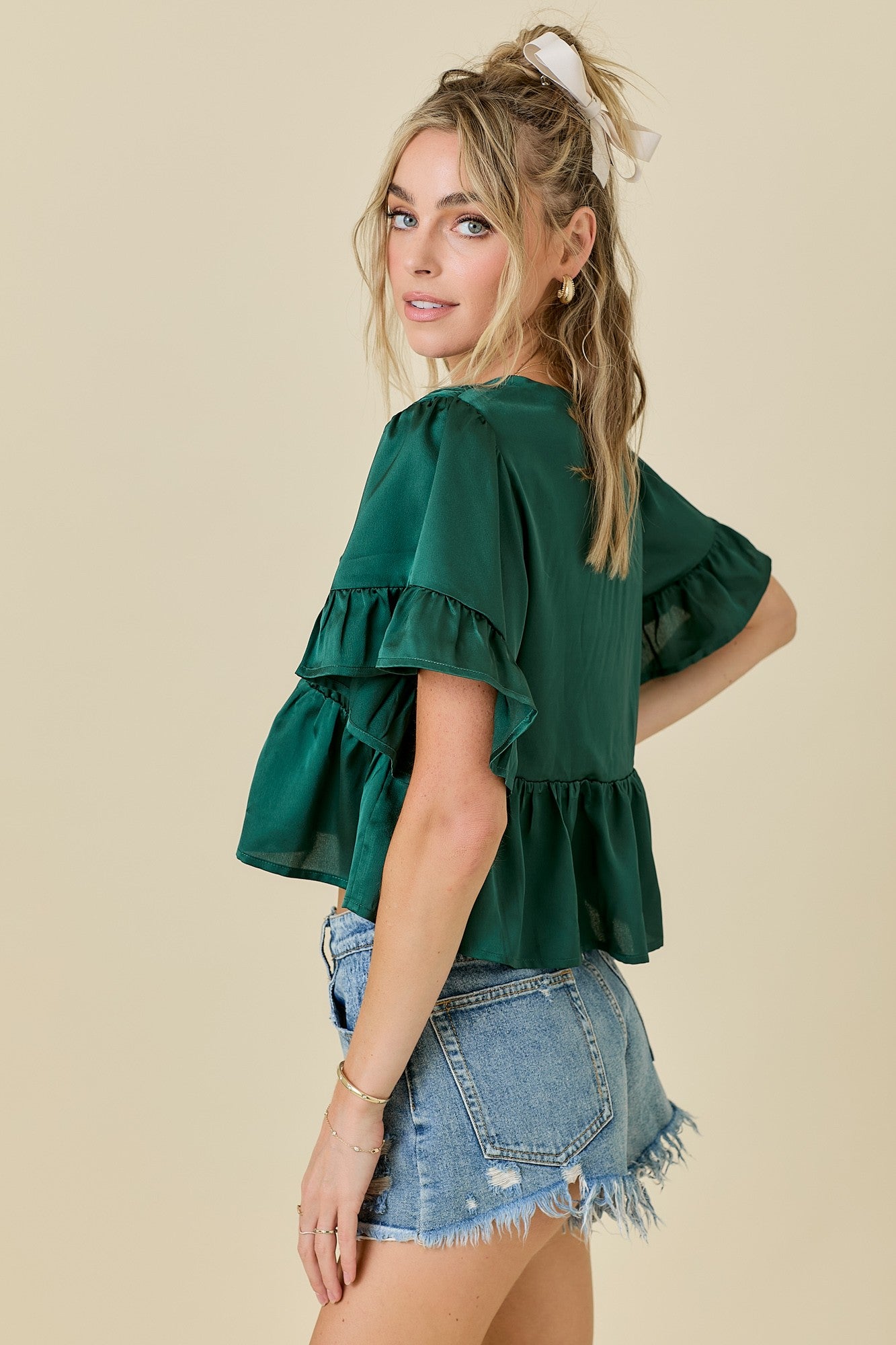 Green Ruffle Hem Satin Tie Top