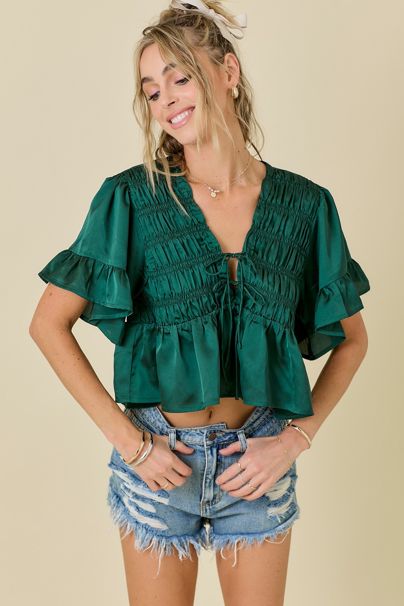 Green Ruffle Hem Satin Tie Top