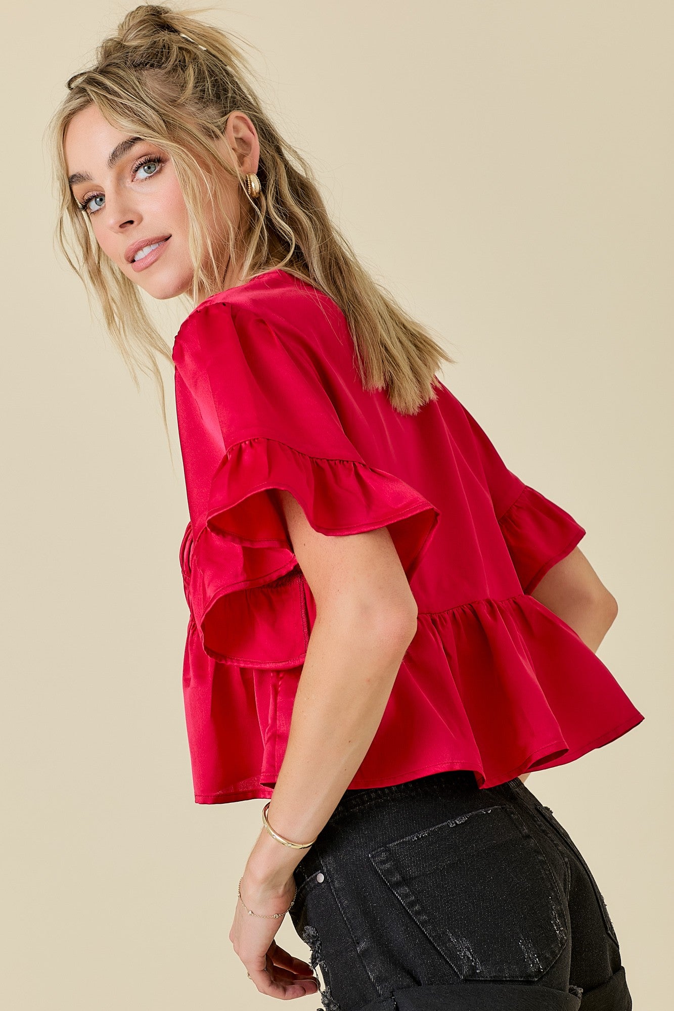 Red Ruffle Hem Satin Tie Top