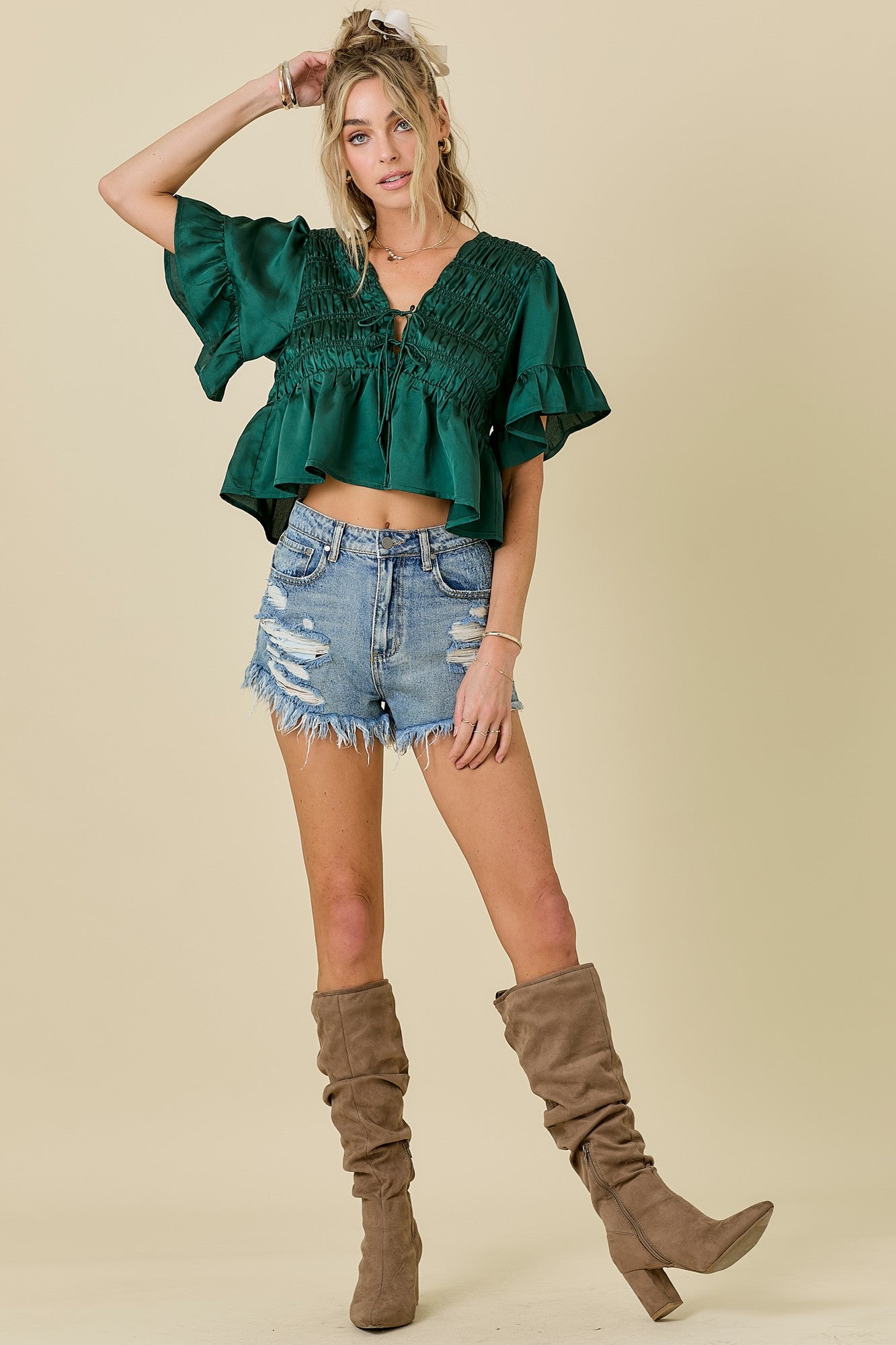 Green Ruffle Hem Satin Tie Top