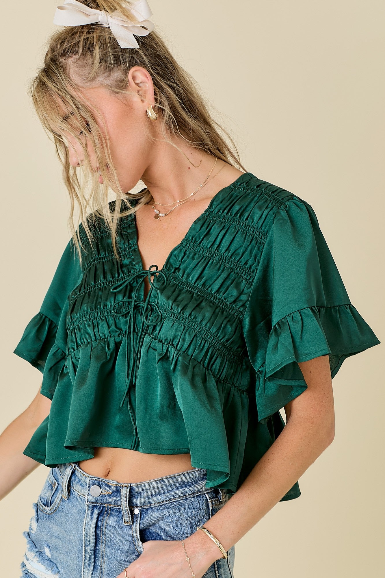 Green Ruffle Hem Satin Tie Top