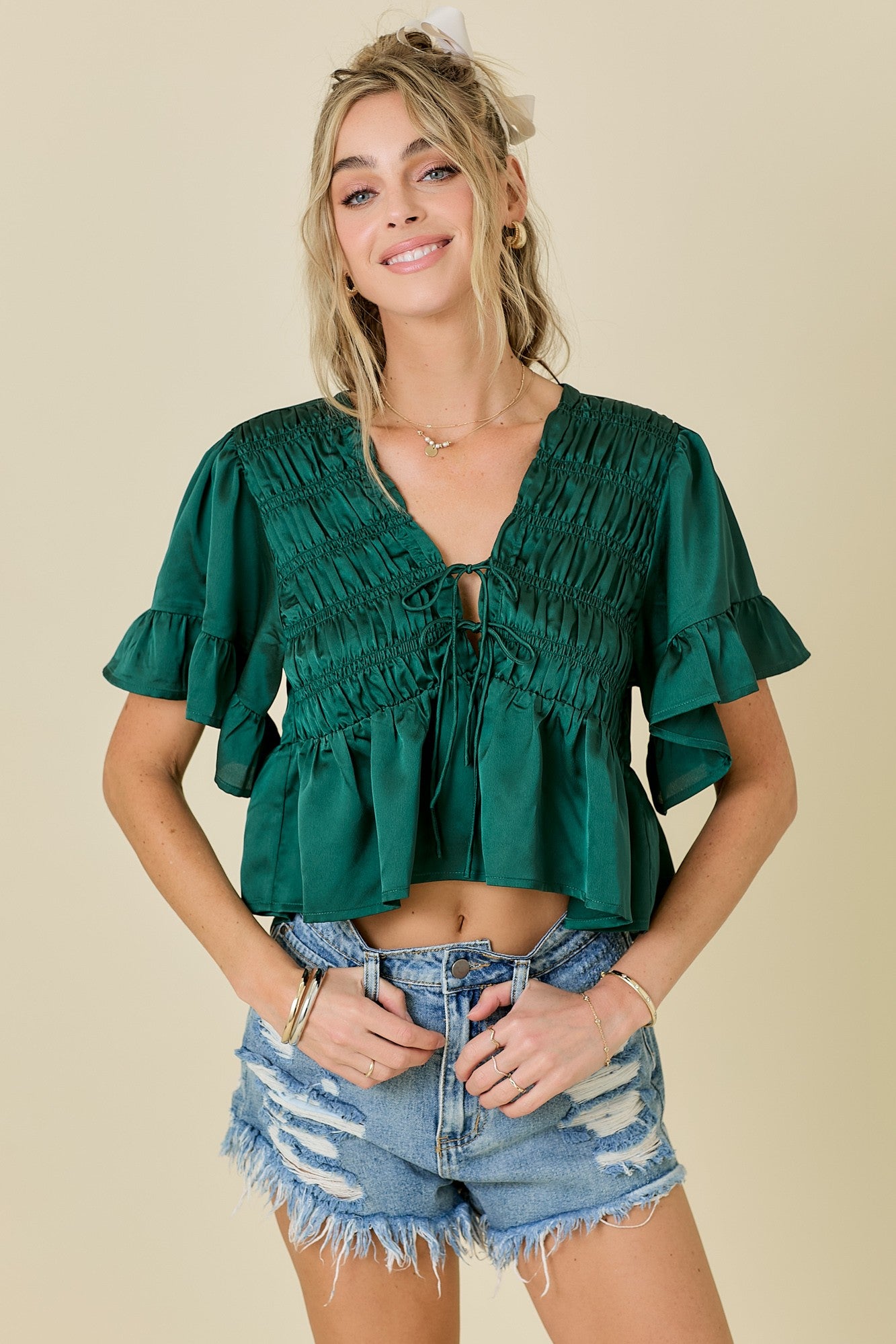 Green Ruffle Hem Satin Tie Top