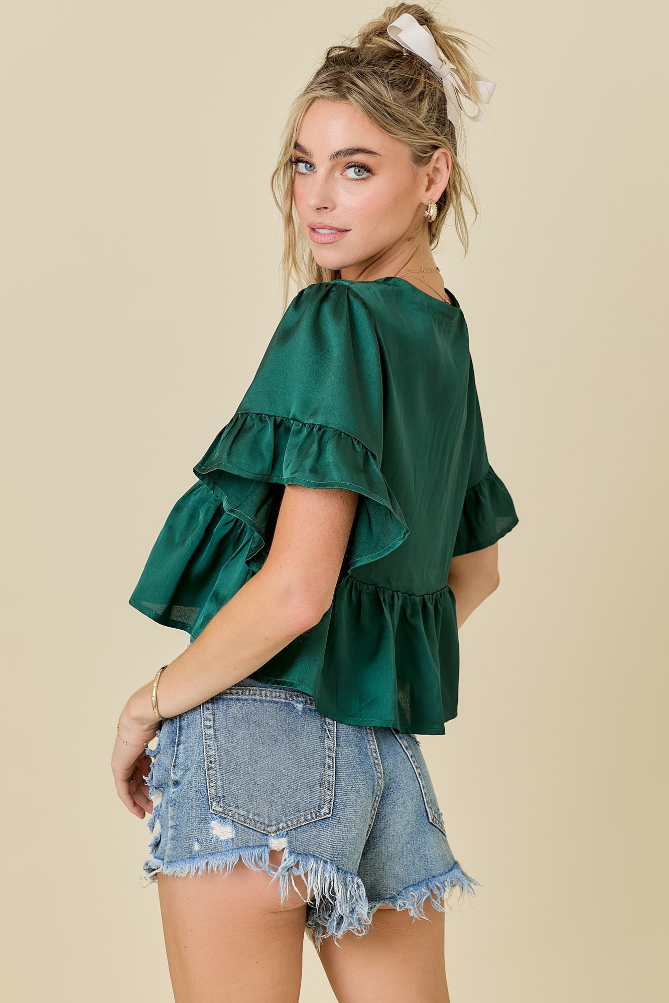 Green Ruffle Hem Satin Tie Top