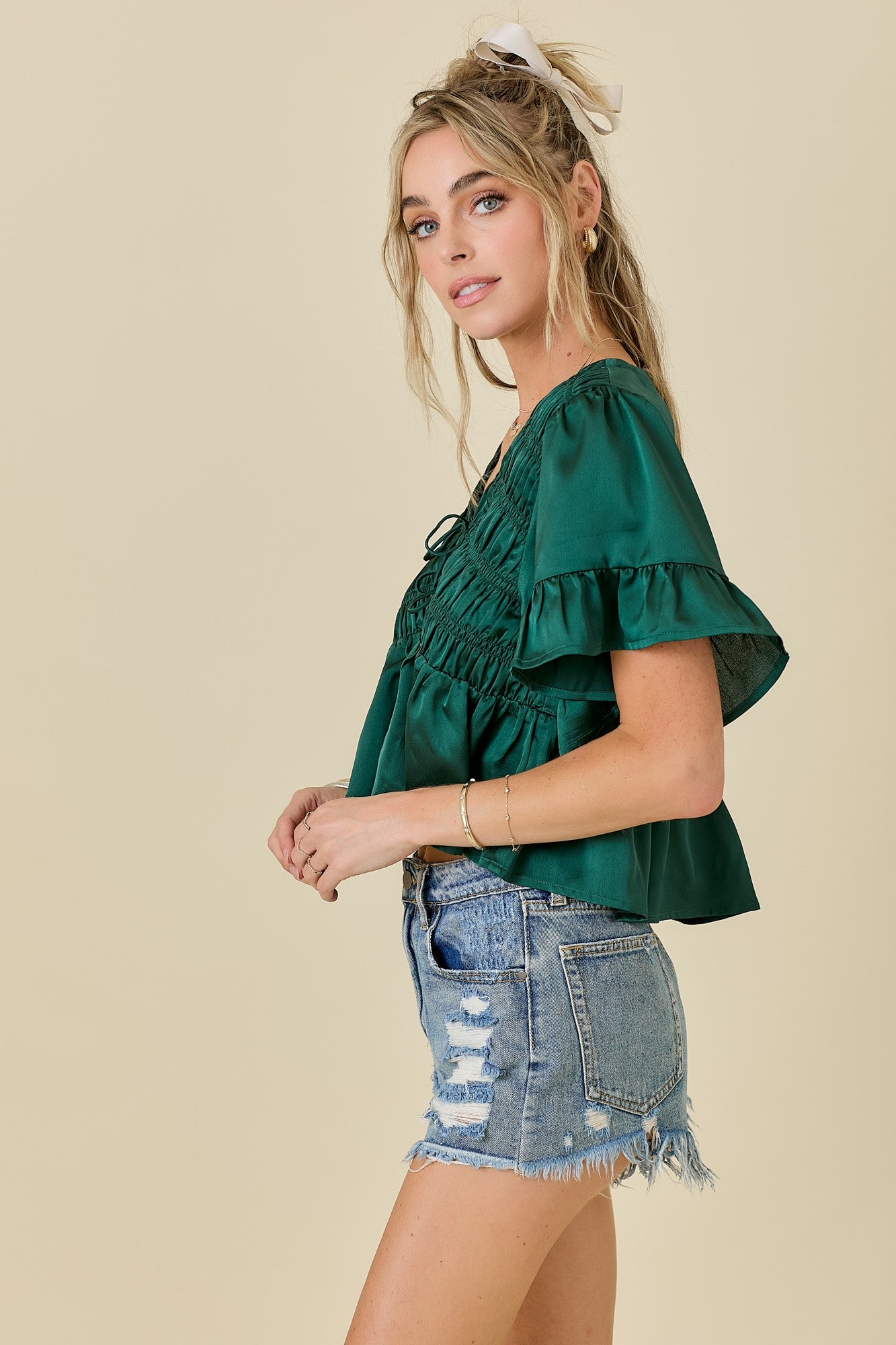 Green Ruffle Hem Satin Tie Top