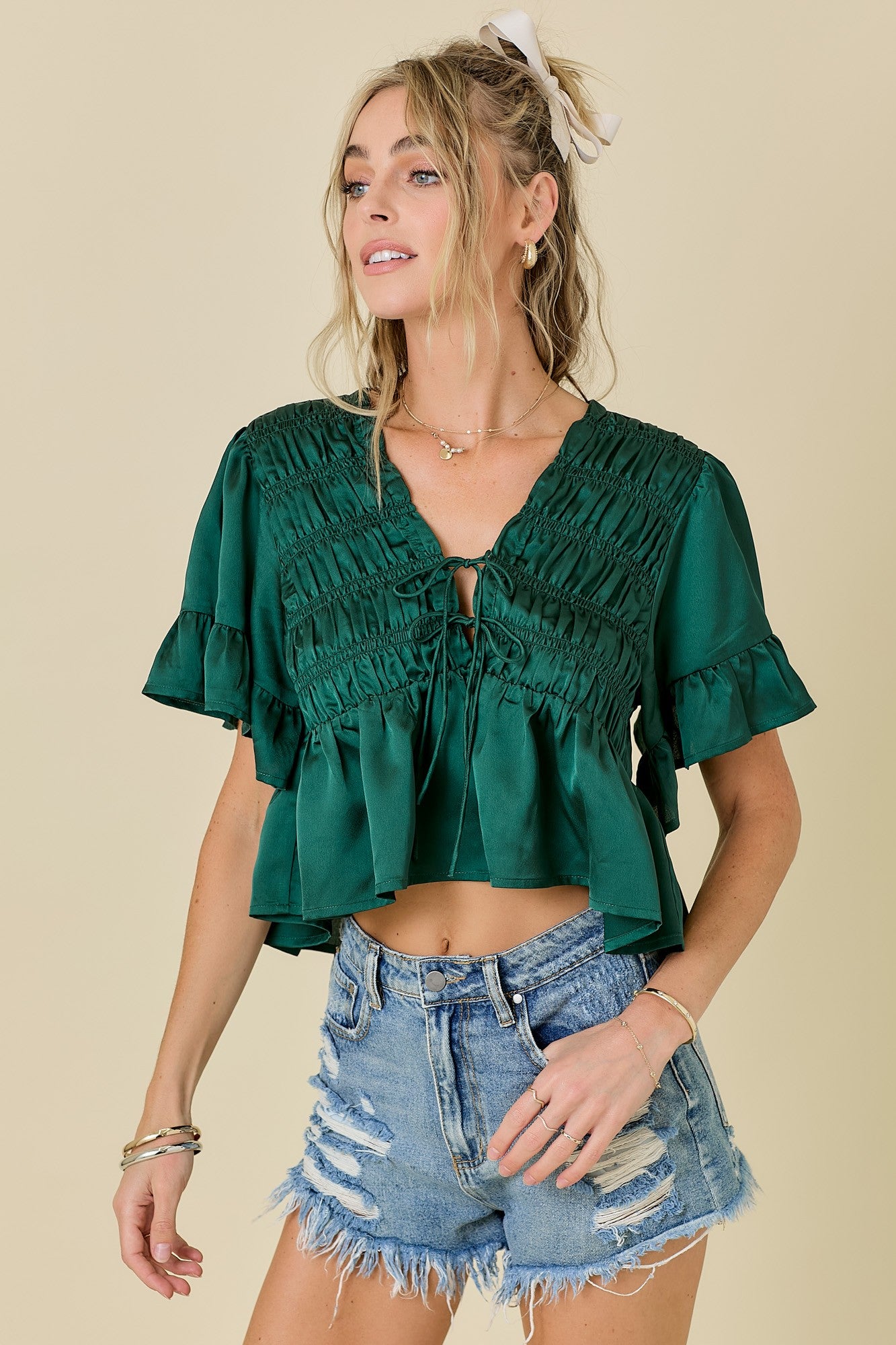 Green Ruffle Hem Satin Tie Top