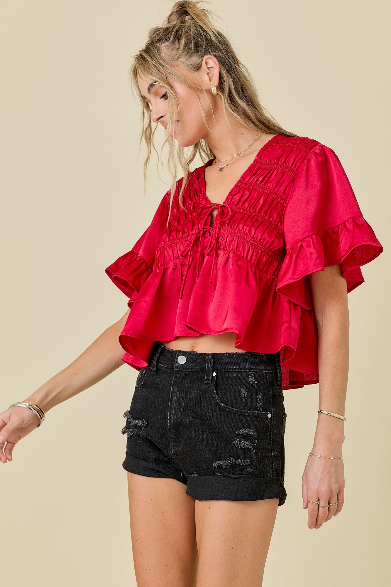 Red Ruffle Hem Satin Tie Top