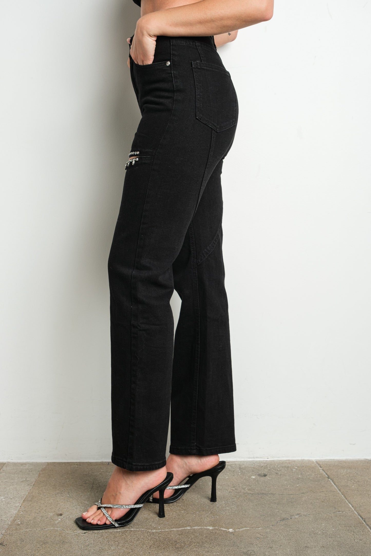 Split Rhinestone Detail Stretch Denim (2 Color Options)