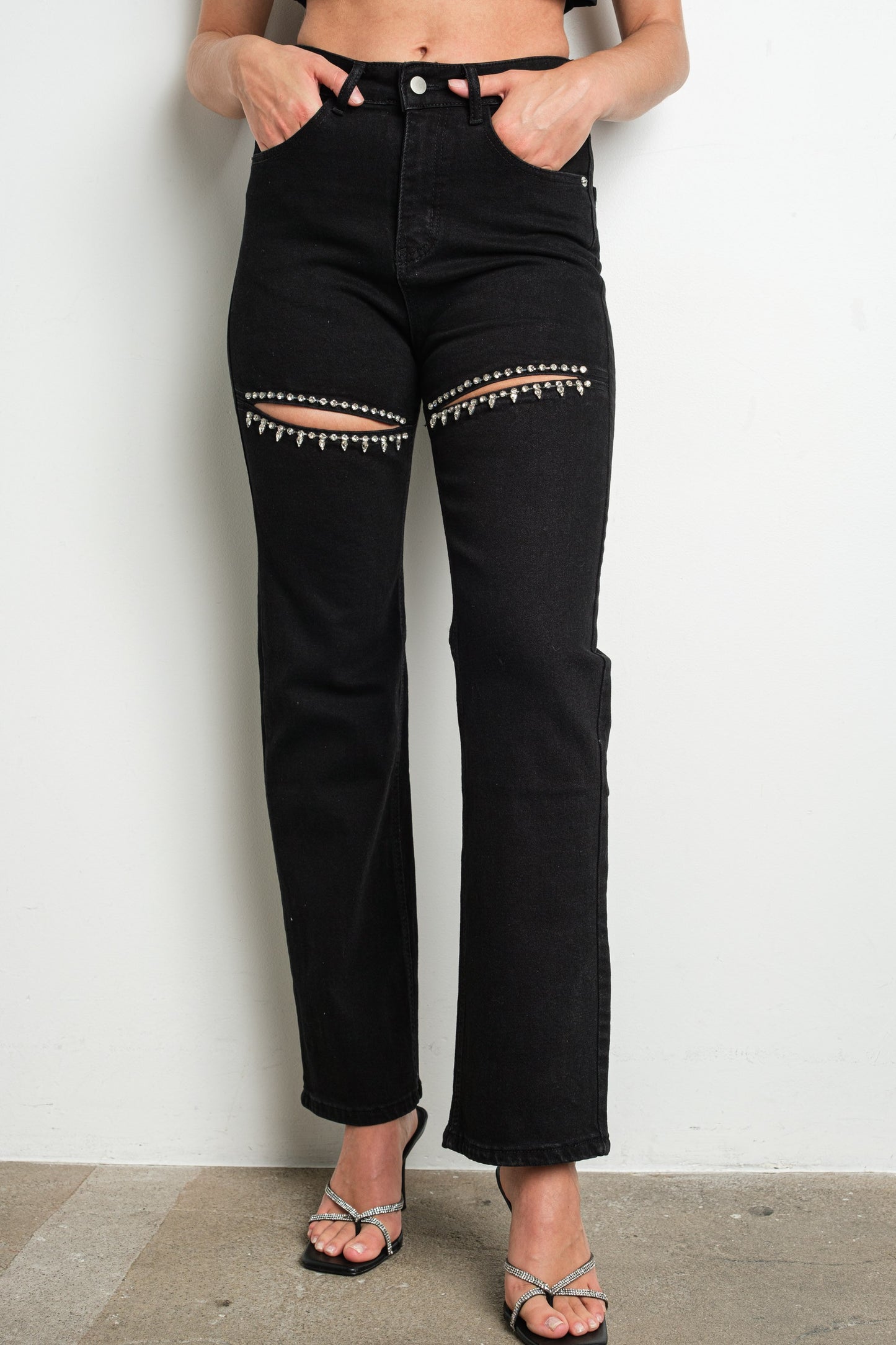 Split Rhinestone Detail Stretch Denim (2 Color Options)