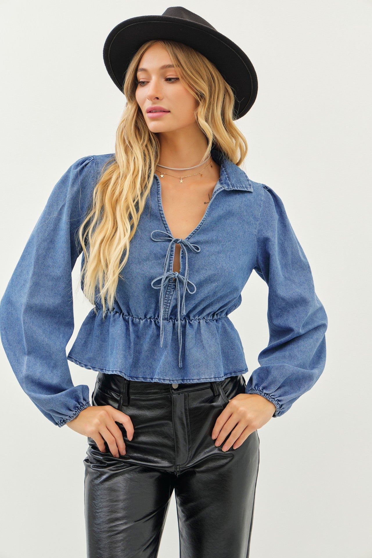 Long Sleeve Denim Tie Top