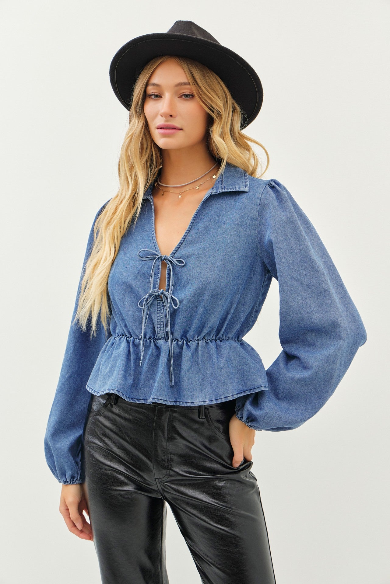 Long Sleeve Denim Tie Top