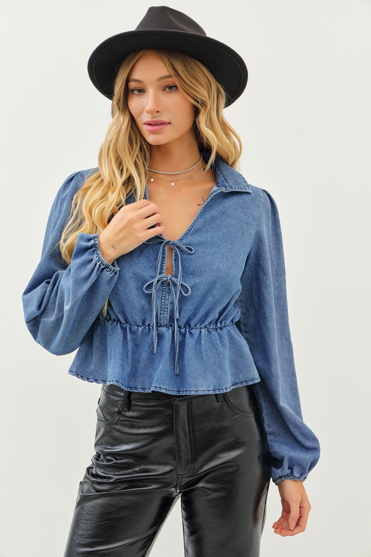 Long Sleeve Denim Tie Top