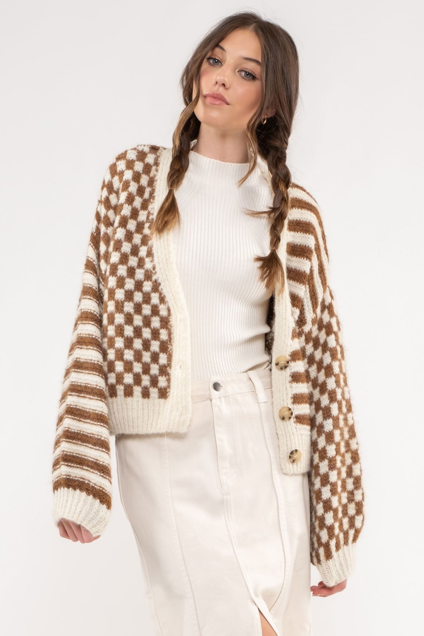 Checker Drop Shoulder Cardigan