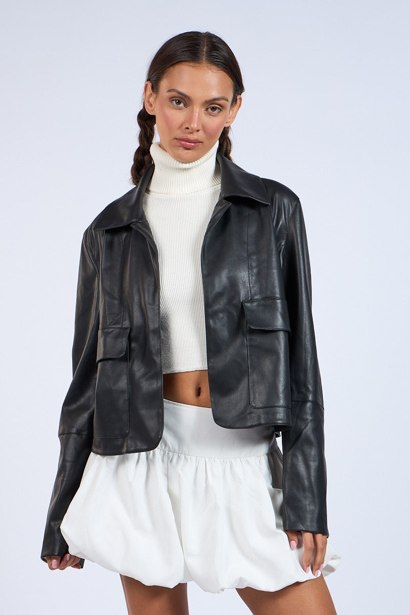 Pocket Front Faux Leather Jacket