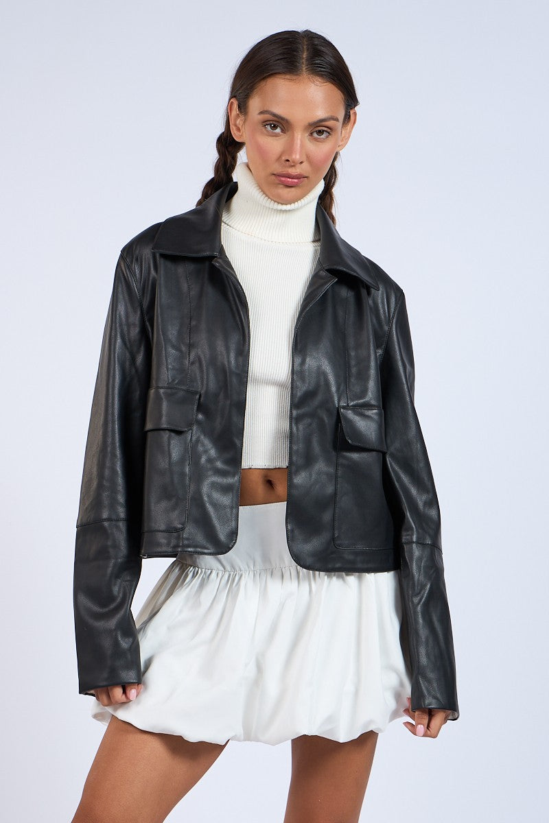 Pocket Front Faux Leather Jacket