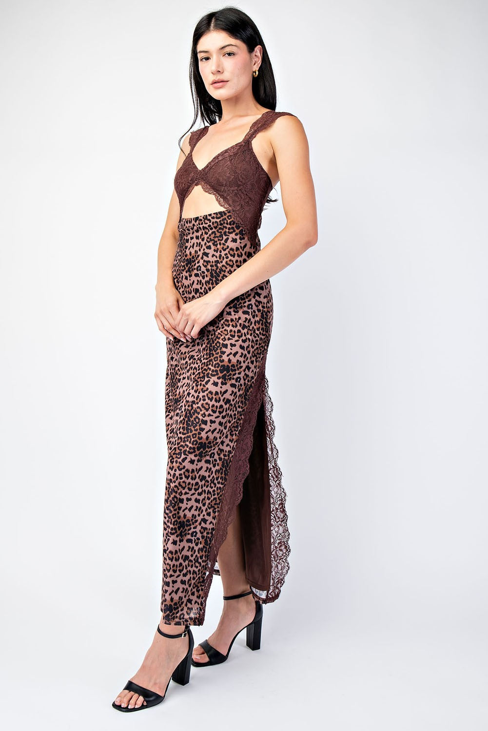 Brown Leopard Lace Maxi Dress