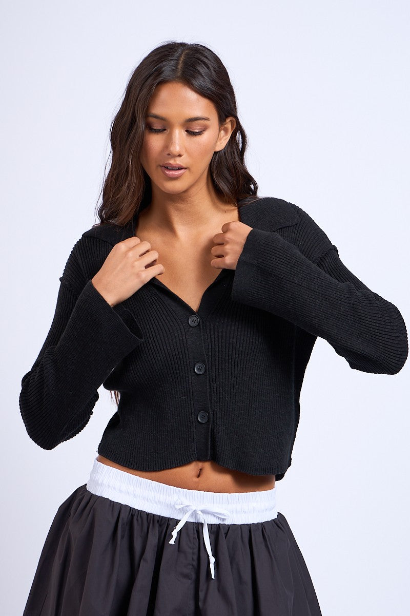 Black Collared Cardigan Top