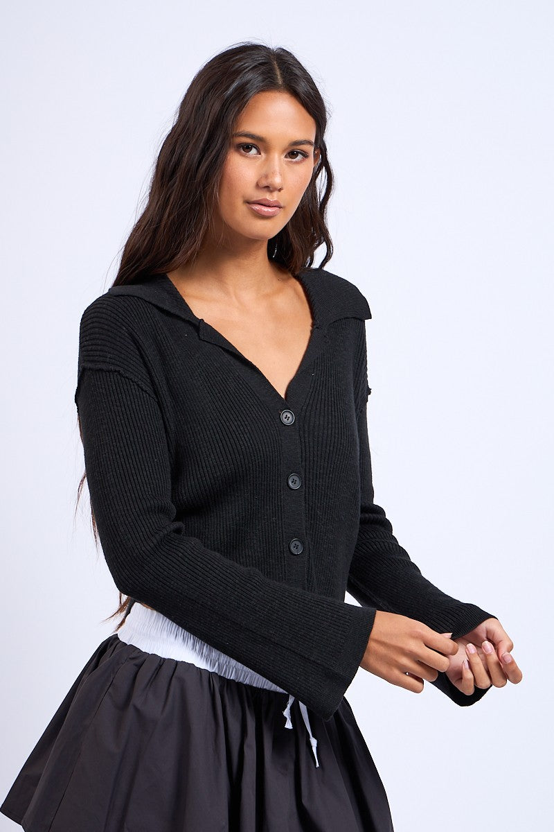 Black Collared Cardigan Top