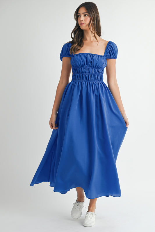 Open Back Puff Ruched Midi Dress