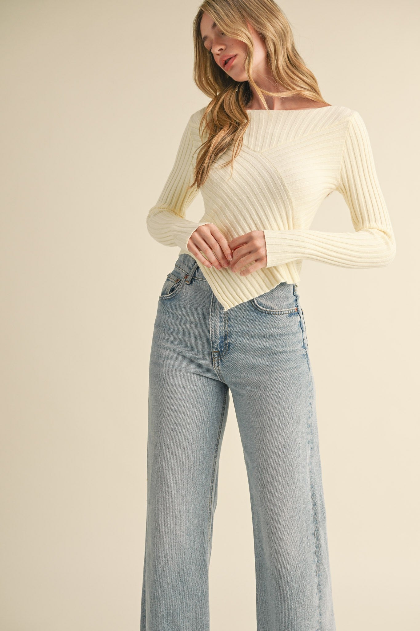 Ribbed Crew Asymmetric Hem Top