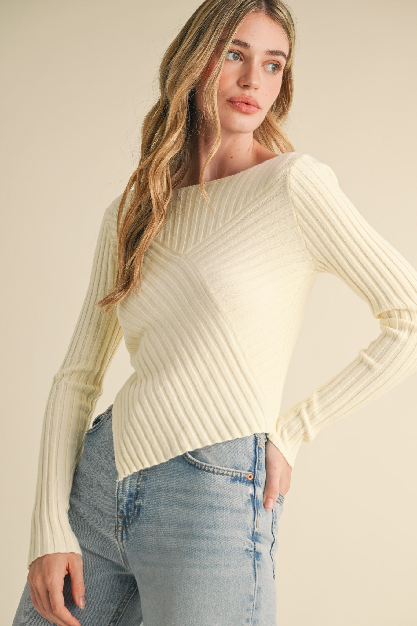 Ribbed Crew Asymmetric Hem Top