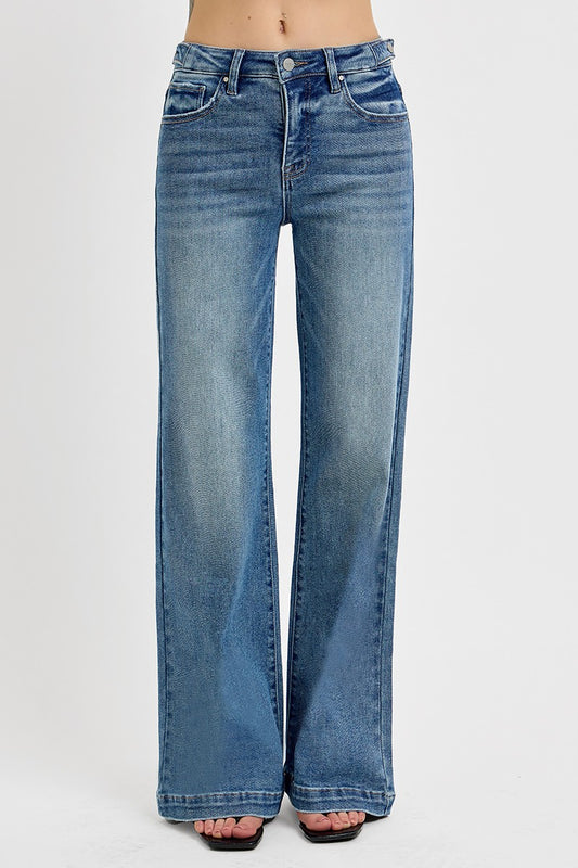 Adjustable Waist Band Wide Leg Denim