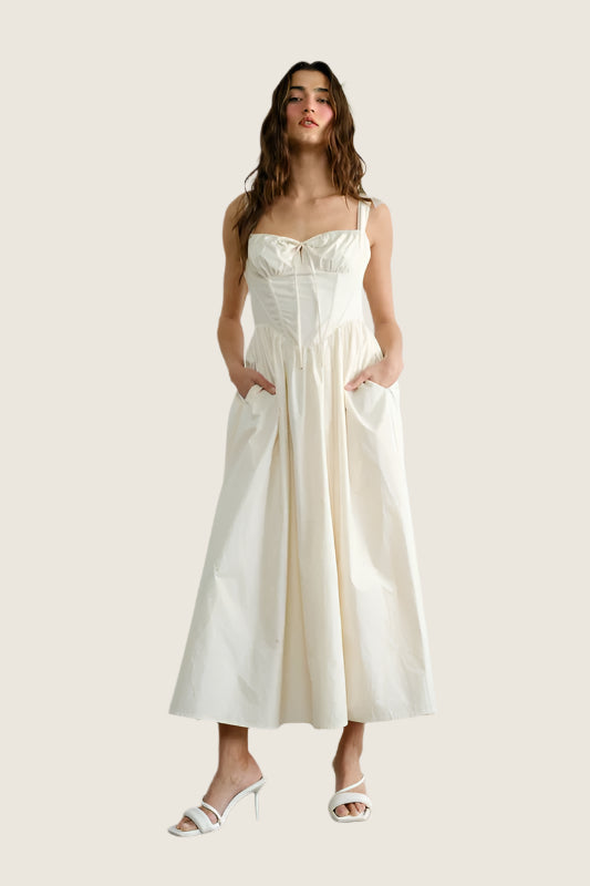Poplin Cream Bustier Midi Dress