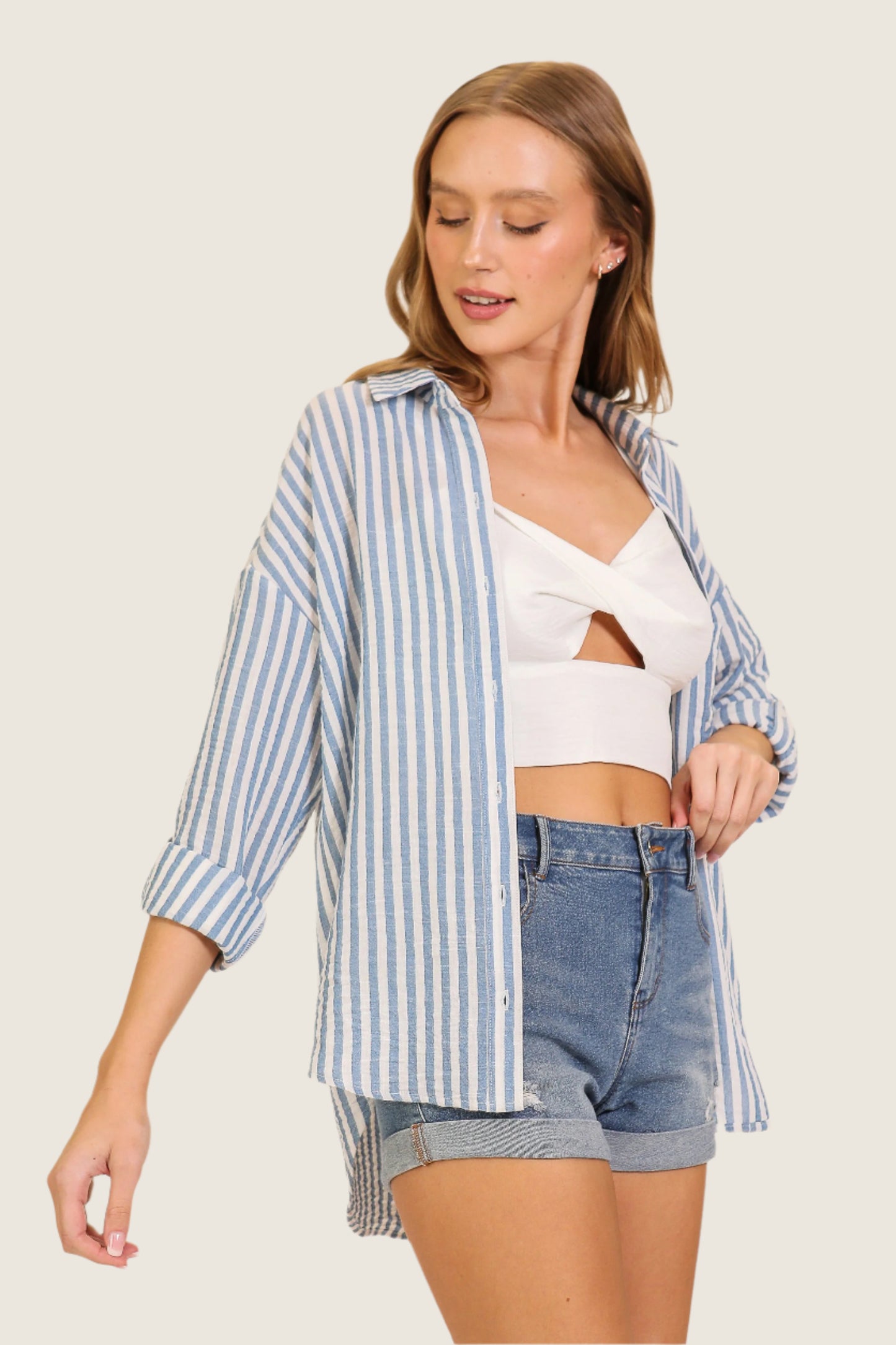 Blue & White Stripe Button Down Top