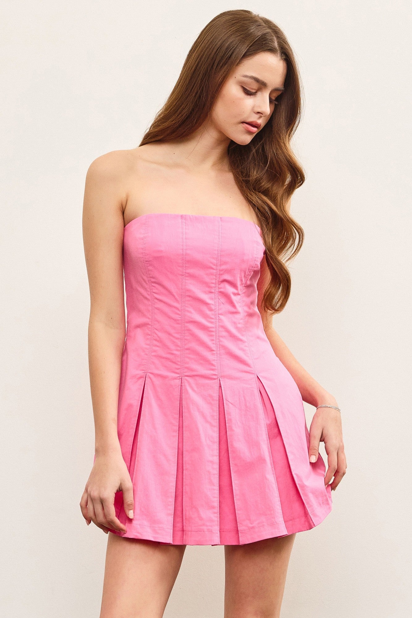 Pink Pleated Soft Denim Dress
