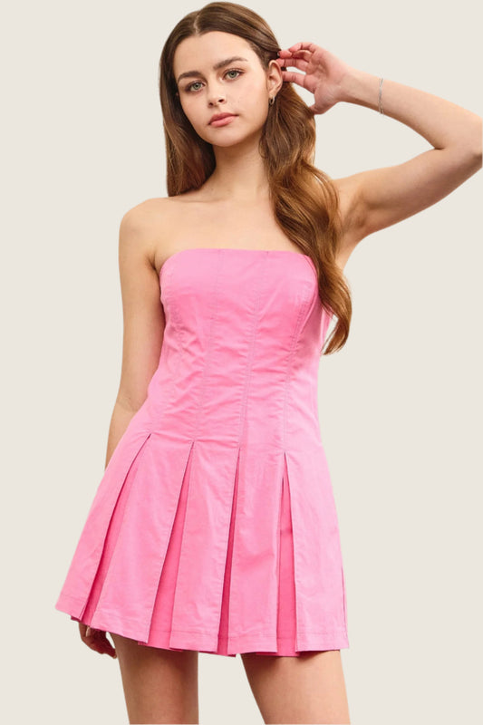 Pink Pleated Soft Denim Dress Romper