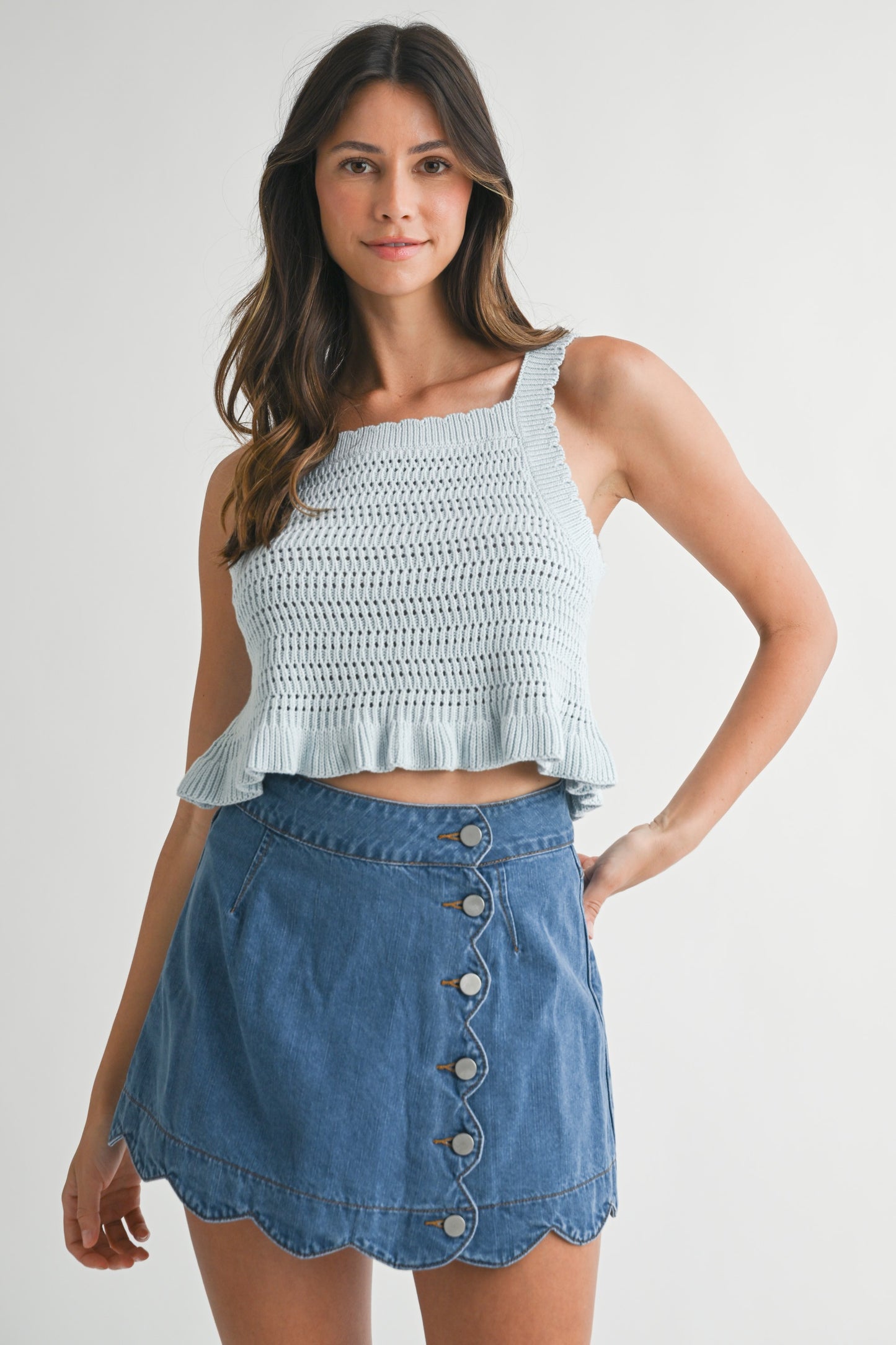 Denim Scallop Hem Front Side Button Mini Skirt