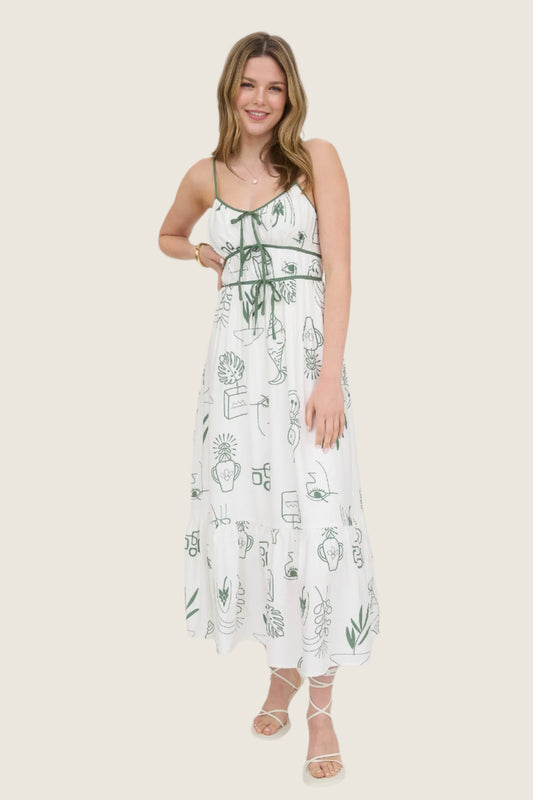 Doodle Print Front Ties Midi Dress