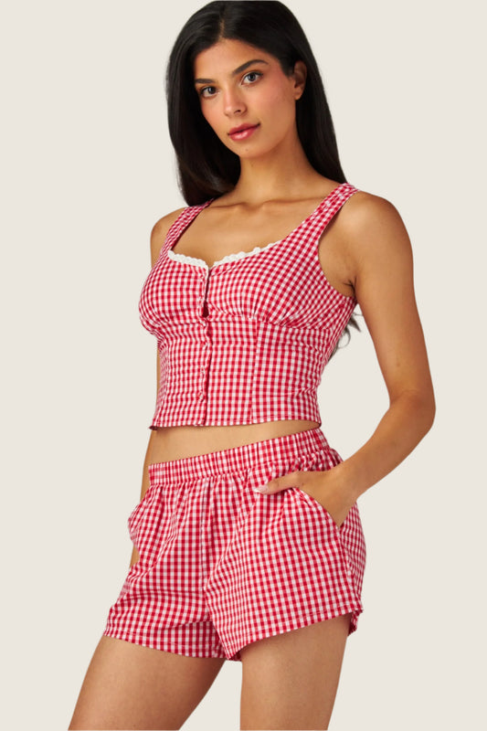 Gingham Lace Top & Boxer Short Set