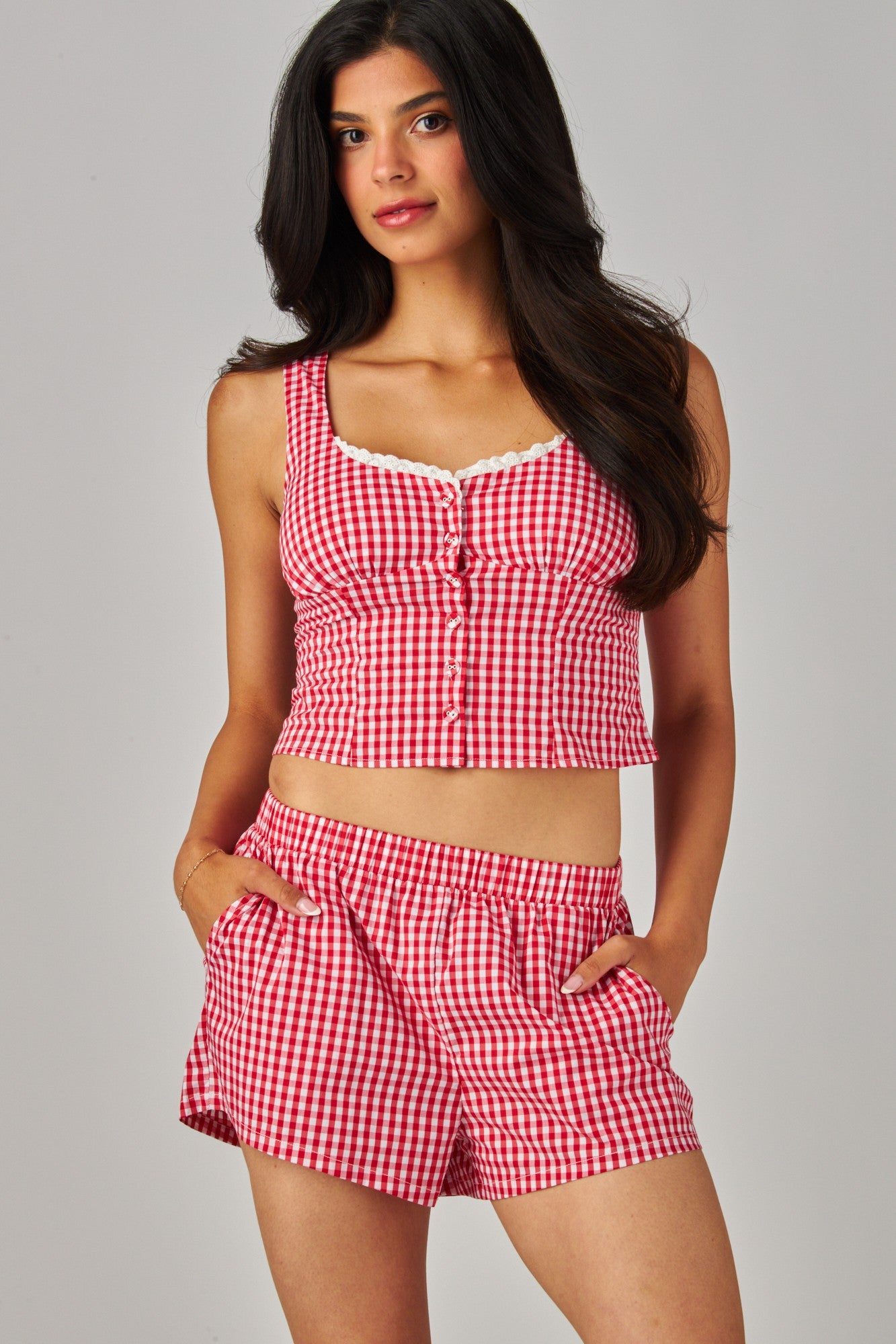 Gingham Lace Top & Boxer Short Set