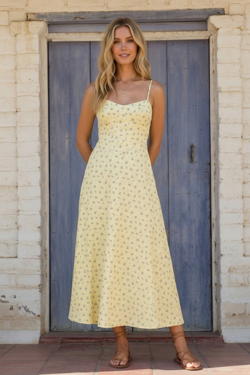 Butter Yellow Floral Midi Dress