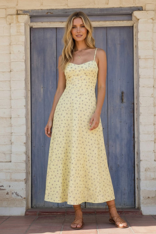 Butter Yellow Floral Midi Dress