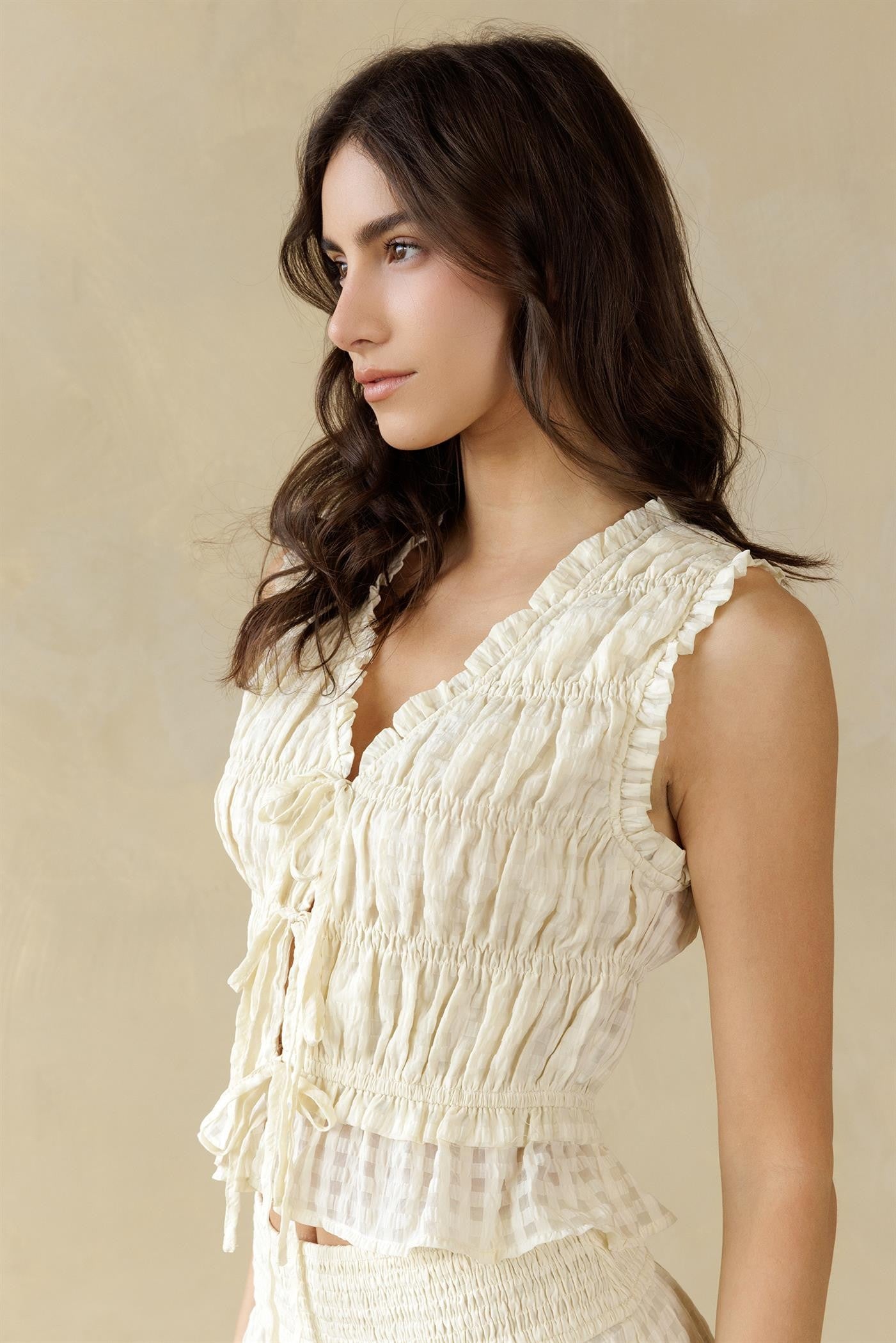 Cream Gingham Flutter Top