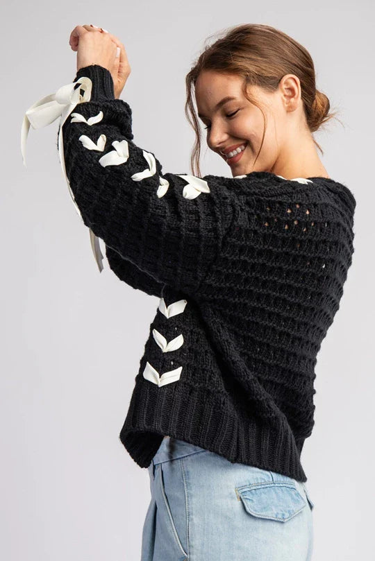 Black Ribbon Threaded Bow Cardigan