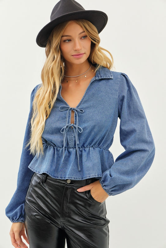 Long Sleeve Denim Tie Top