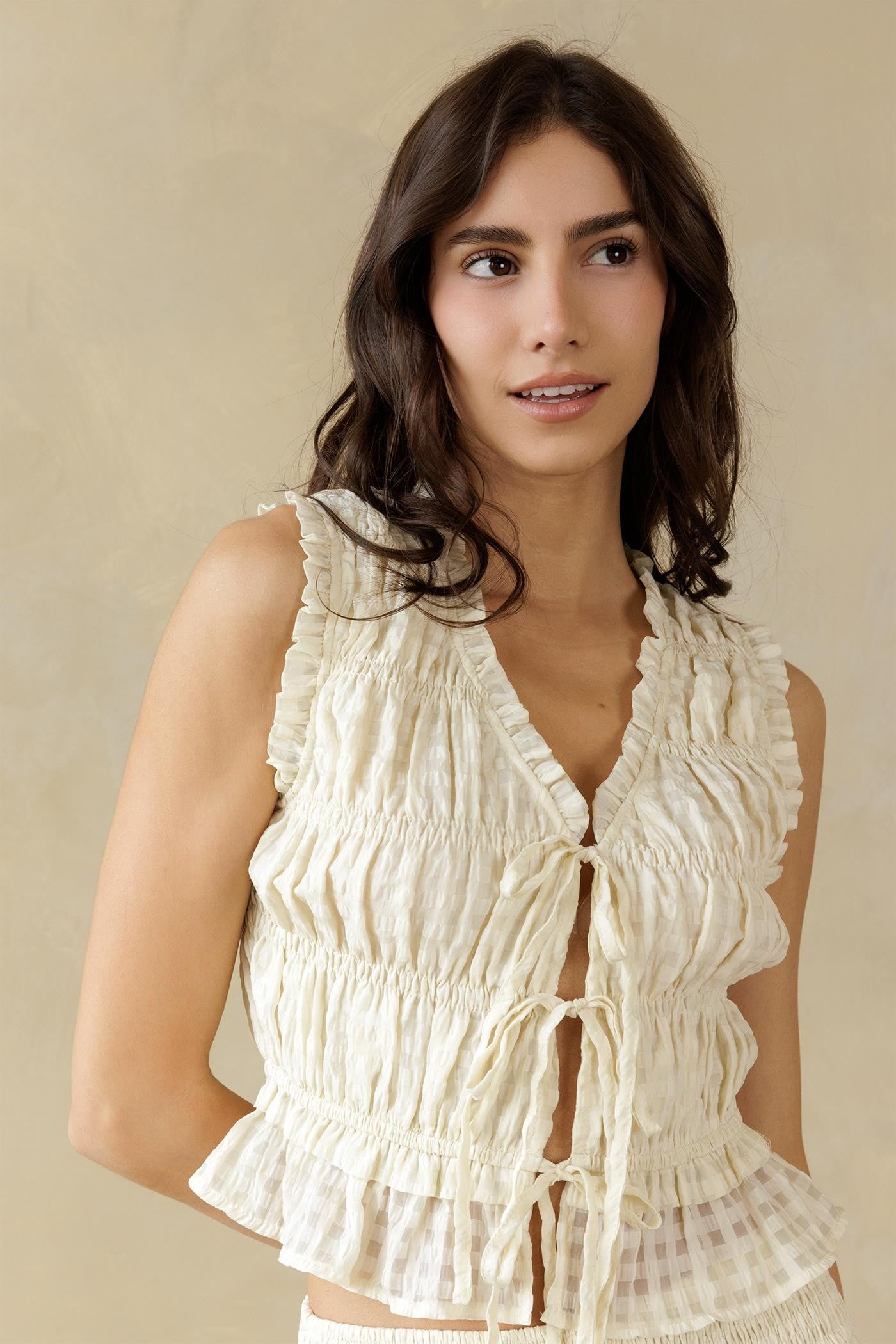 Cream Gingham Flutter Top