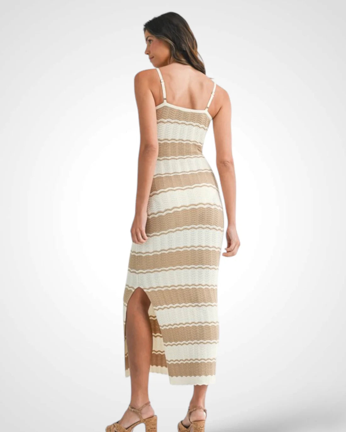 Striped Knit Bodycon Front Cut Out Midi Dress